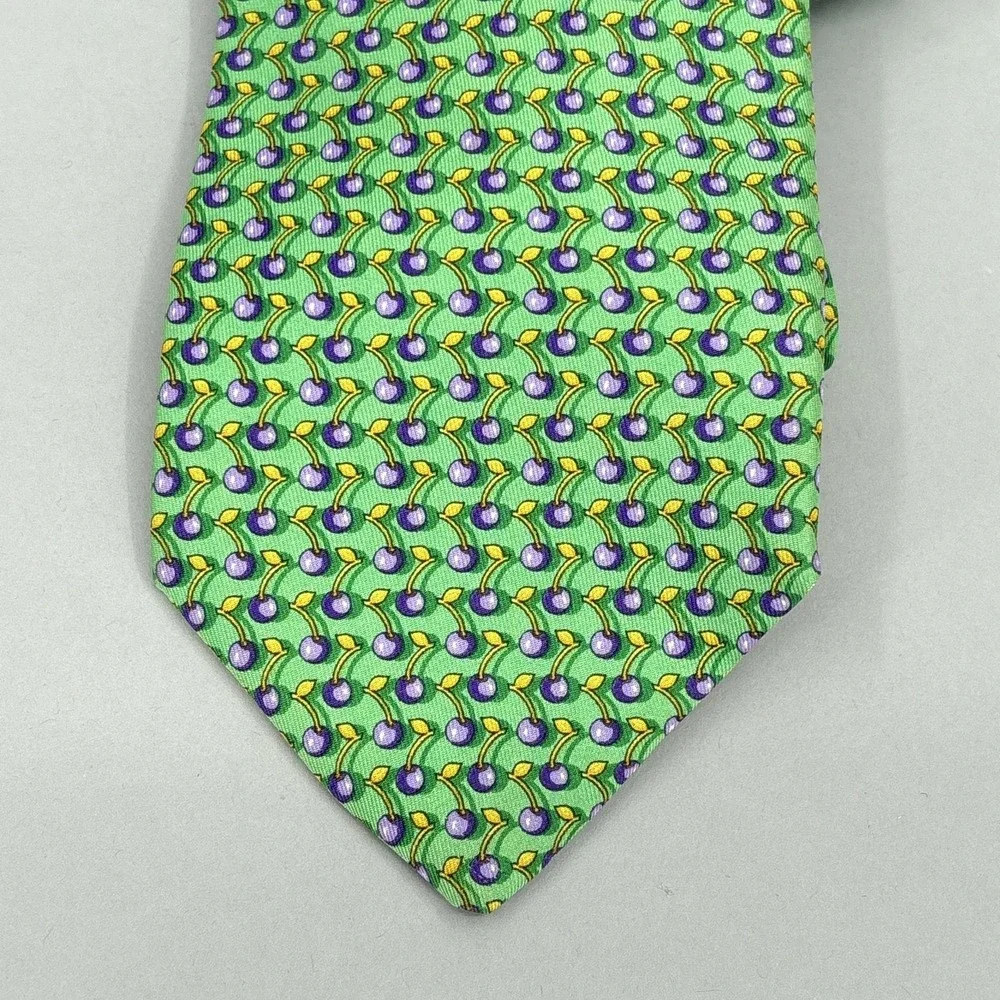 Robert Talbott Tie Mens Green Cherry Fruit Pattern Silk Made USA Necktie Novelty